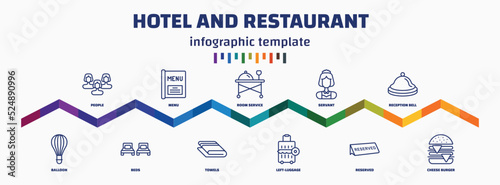 infographic template with icons and 11 options or steps. infographic for hotel and restaurant concept. included people, balloon, menu, beds, room service, towels, servant, left-luggage, reception