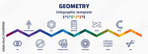 infographic template with icons and 11 options or steps. infographic for geometry concept. included polygonal arrow up, join, fillet, diameter, properties, polygonal coffee cup, ellipse, color