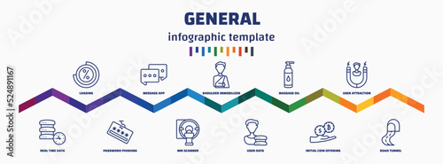 infographic template with icons and 11 options or steps. infographic for general concept. included loading, real time data, message app, password phishing, shoulder immobilizer, mri scanner, massage