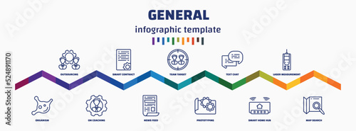 infographic template with icons and 11 options or steps. infographic for general concept. included outsourcing, organism, smart contract, on coaching, team target, news feed, text chat, prototyping,