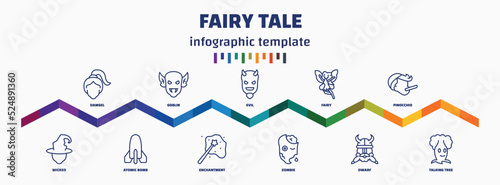 infographic template with icons and 11 options or steps. infographic for fairy tale concept. included damsel, wicked, goblin, atomic bomb, evil, enchantment, fairy, zombie, pinocchio, talking tree