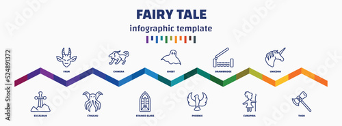 infographic template with icons and 11 options or steps. infographic for fairy tale concept. included faun, excalibur, chimera, cthulhu, ghost, stained glass, drawbridge, phoenix, unicorn, thor