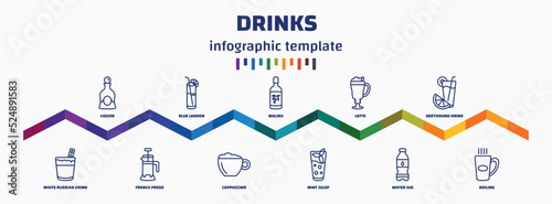 infographic template with icons and 11 options or steps. infographic for drinks concept. included liquor, white russian drink, blue lagoon, french press, malibu, cappuccino, latte, mint julep,