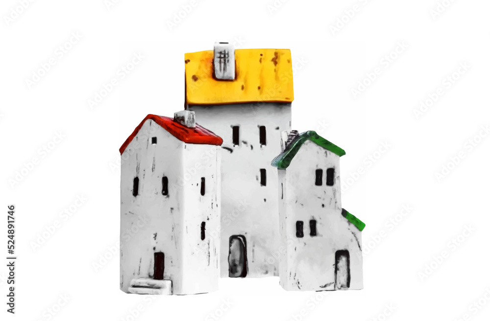Miniature ceramic toy houses colorful roofs on a white