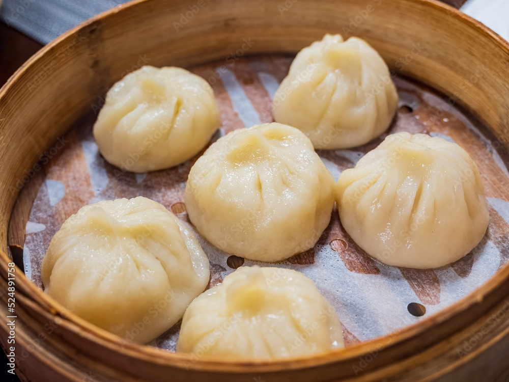 Close up shot of steamed soup dumpling Close up shot of steamed soup dumpling