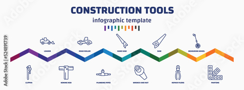 infographic template with icons and 11 options or steps. infographic for construction tools concept. included loader, clipper, road roller, boning rod, hand saw, plumbing pipes, saw, wrench and nut,