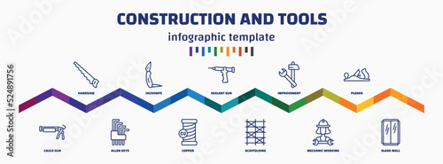 infographic template with icons and 11 options or steps. infographic for construction and tools concept. included handsaw, caulk gun, jackknife, allen keys, sealant gun, copper, improvement,