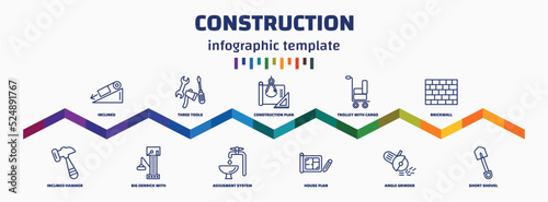 infographic template with icons and 11 options or steps. infographic for construction concept. included inclined, inclined hammer, three tools, big derrick with boxes, construction plan, adjusment