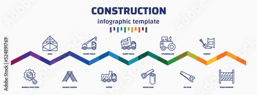 infographic template with icons and 11 options or steps. infographic for construction concept. included joist, wrench and gear, crane truck, double ladder, dump truck, tipper, steamroller, wood saw,