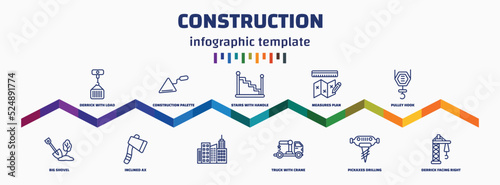 infographic template with icons and 11 options or steps. infographic for construction concept. included derrick with load, big shovel, construction palette, inclined ax, stairs with handle, ,