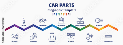 infographic template with icons and 11 options or steps. infographic for car parts concept. included car pedal, car exhaust, dashboard, wheel nut, distributor cap, bonnet, rear-view mirror,