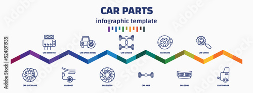 infographic template with icons and 11 options or steps. infographic for car parts concept. included car demister, car disc brake, spare wheel, boot, chassis, clutch, brake, axle, crank, towbar photo