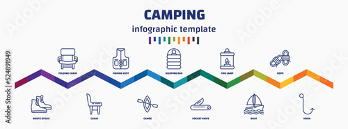 infographic template with icons and 11 options or steps. infographic for camping concept. included folding chair, boots shoes, fishing vest, chair, sleeping bag, canoe, fire lamp, pocket knife,