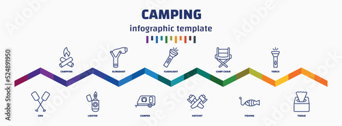 infographic template with icons and 11 options or steps. infographic for camping concept. included campfire, oar, slingshot, lighter, flashlight, camper, camp chair, hatchet, torch, tissue icons.