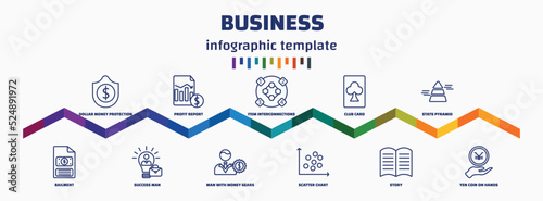 infographic template with icons and 11 options or steps. infographic for business concept. included dollar money protection, bailment, profit report, success man, item interconnections, man with