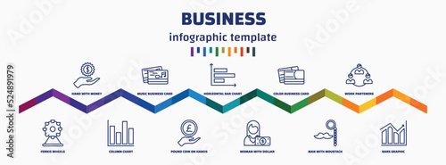 infographic template with icons and 11 options or steps. infographic for business concept. included hand with money gear, ferris wheels, music business card, column chart, horizontal bar chart,