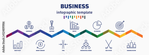 infographic template with icons and 11 options or steps. infographic for business concept. included cooperate, bars chart, lanyard, money convert, deficit, thin, pie graphic, hierarchical order,