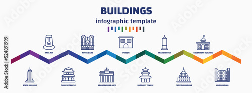 infographic template with icons and 11 options or steps. infographic for buildings concept. included rapa nui, state building, notre dame, chinese temple, prison, brandenburg gate, trade center,