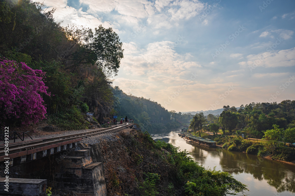 kanchanaburi.thailand-16.01.2022:Unacquainted people at Burma Railway at kanchanaburi.The Burma Railway, also known as the Death Railway, , the Thai–Burma Railway and similar names, is a 415 km