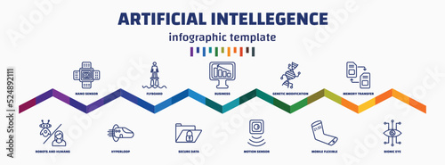 infographic template with icons and 11 options or steps. infographic for artificial intellegence concept. included nano sensor, robots and humans, flyboard, hyperloop, business, secure data, genetic