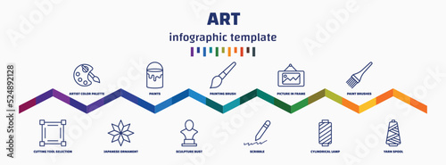 infographic template with icons and 11 options or steps. infographic for art concept. included artist color palette, cutting tool selection, paints, japanese ornament, painting brush, sculpture