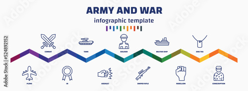 infographic template with icons and 11 options or steps. infographic for army and war concept. included combat, plane, tank, in, soldier, assault, militar ship, sniper rifle, dog tag, conscription