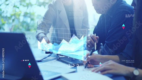Business finance data analytics, group of people brainstorm discussing meeting marketing plan, company information data, earning graph chart company valuation calculation.