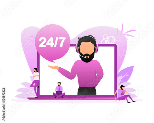 24 hour support people in flat style. Isometric business concept. Marketing concept. Flat design