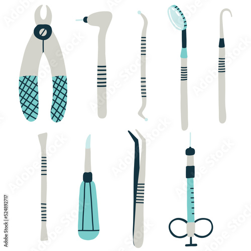 Dental instrument set for dental treatment. Tooth medical instrument element in isolated white background. Vector naive cartoon modern flat style clipart