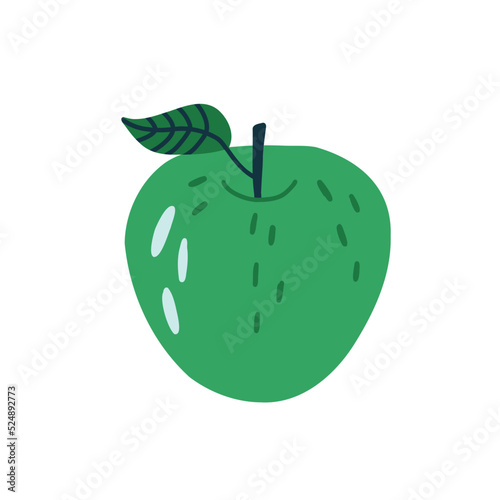 Green Healthy Apple fruit. Vector naive art cartoon modern flat style