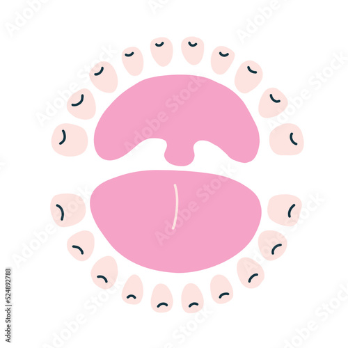 Open mouth palate with upper and lower row of teeth element in isolated white background. Vector naive cartoon modern flat style clipart