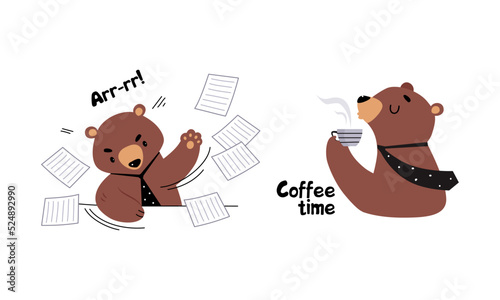 Bear character business activities set. Brown wild animal businessman working hard and having coffee break cartoon vector illustration