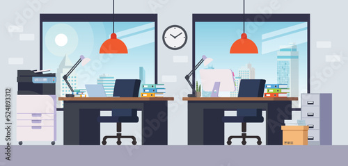 Illustration of an office room with desk, shelf, printer and computer.
