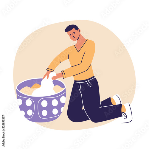 Young man with laundry basket Laundromat, household scene. Concept of cleaning. Flat cartoon vector illustrtion, trendy colors, isolated on white background