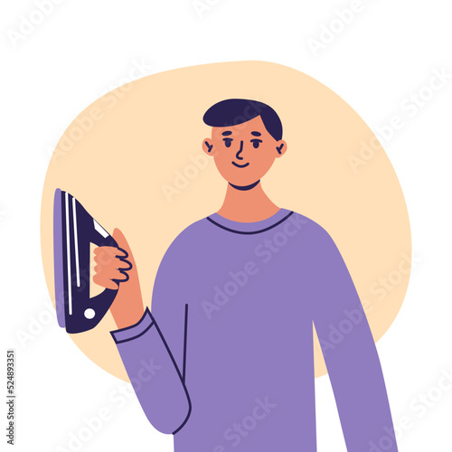 Man holding an iron. House husband ironing, doing daily routine home work. Flat cartoon vector illustrtion, trendy colors, isolated on white background