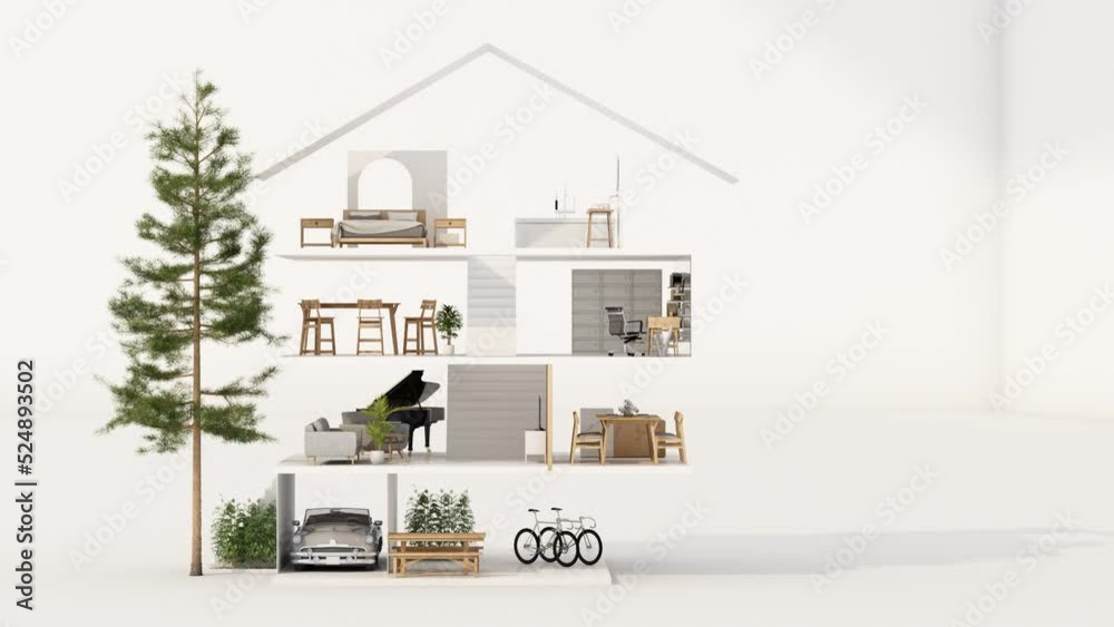 A cross section of a house. concept of work from home, goal of life, Work Life Balance with furniture used in daily life. in white and wood tones, realistic 3D render and illustration.