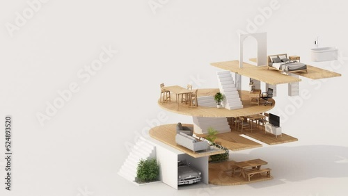 Isometric home office in HOME alphabet shape, concept of work from home, goal of life, Work Life Balance with furniture used in daily life. in white and wood tones, 3D rendering animation looping
