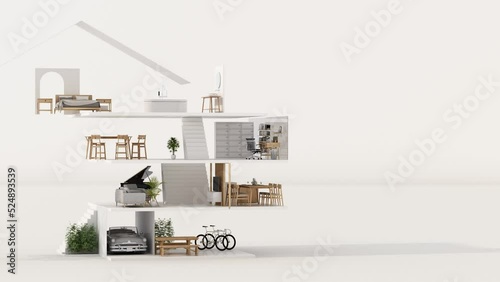 build up of A cross section of a house. concept of work from home, goal of life, Work Life Balance with furniture used in daily life. in white and wood tones, realistic 3D render and illustration.