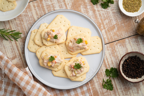 Butter cracker with tuna salad on a plate,snack food.Top view