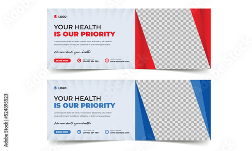 Medical health care horizontal banner cover header design. Modern banner with blue color background and place for the photo. editable vector.