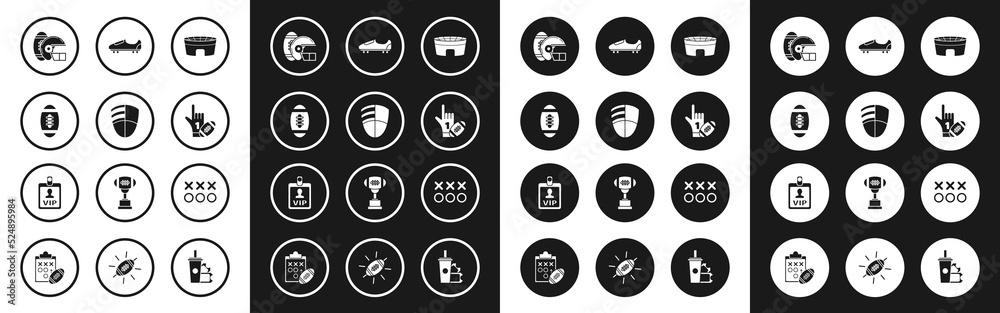 Set Football stadium, American, and helmet, Number 1 one fan hand glove with finger raised american football, Soccer or shoes spikes, Planning strategy concept and VIP badge icon. Vector