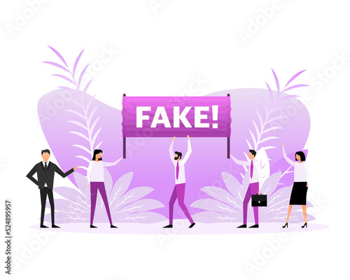 People holding a poster with text Fake. Vector illustration. photo