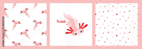 A set of patterns and posters with cute cartoon axolotls, aquatic animals, amphibians.
