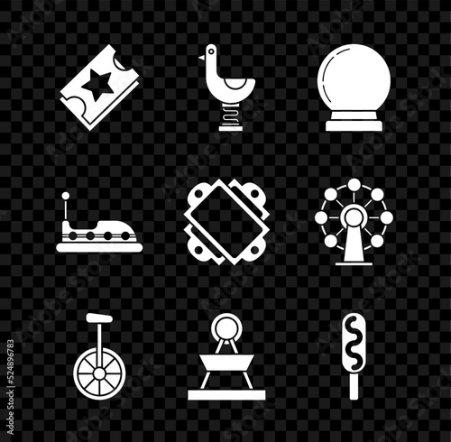 Set Ticket, Riding kid duck, Magic ball, Unicycle or one wheel bicycle, Attraction carousel, Corn dog, Bumper and icon. Vector