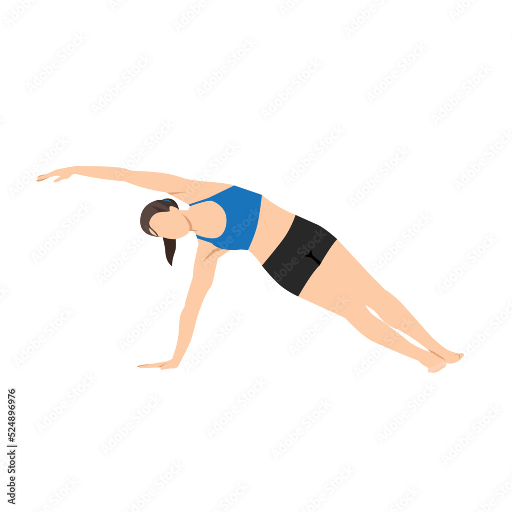 Woman doing Side plank with side stretch exercise. Flat vector illustration isolated on white background