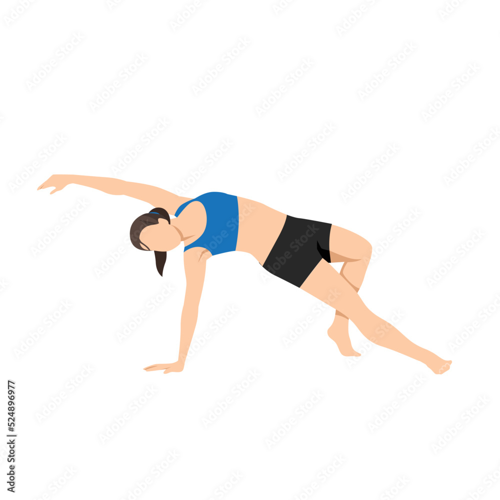 Woman doing Eagle leg side plank exercise. Flat vector illustration isolated on white background