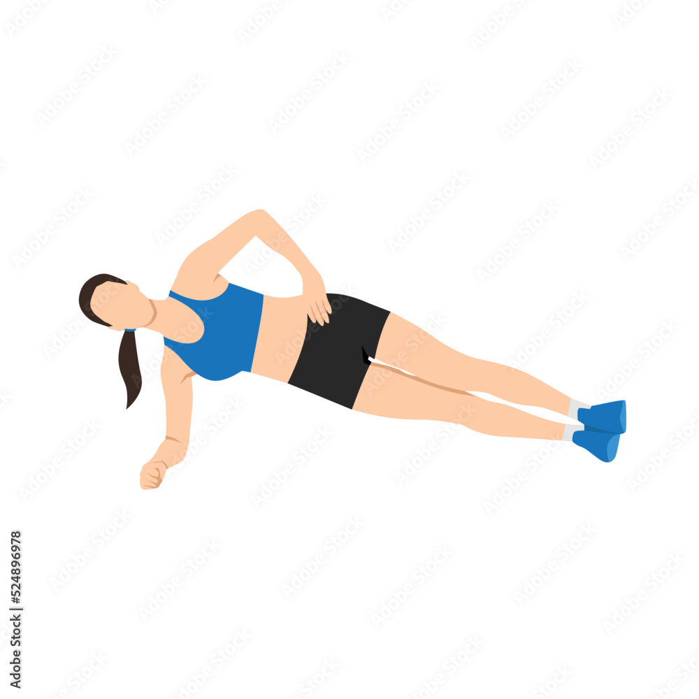 Woman doing Side Forearm Plank Yoga pose exercise. Flat vector illustration isolated on white background Woman doing Side Forearm Plank Yoga pose exercise. Flat vector illustration isolated on white background