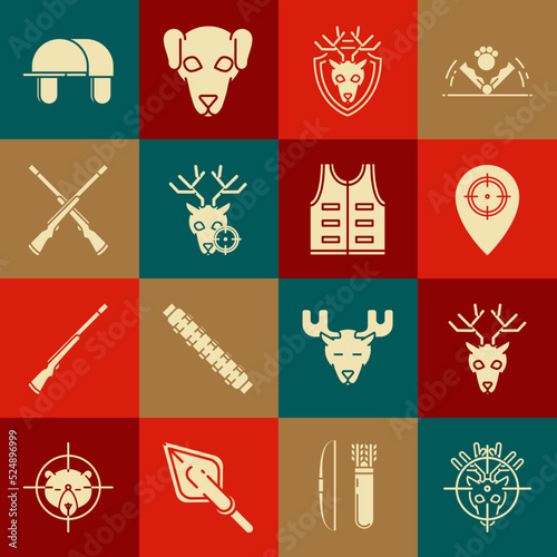 Set Hunt on deer with crosshairs, Deer head antlers, place, shield, Two crossed shotguns, Hunter hat and Hunting jacket icon. Vector