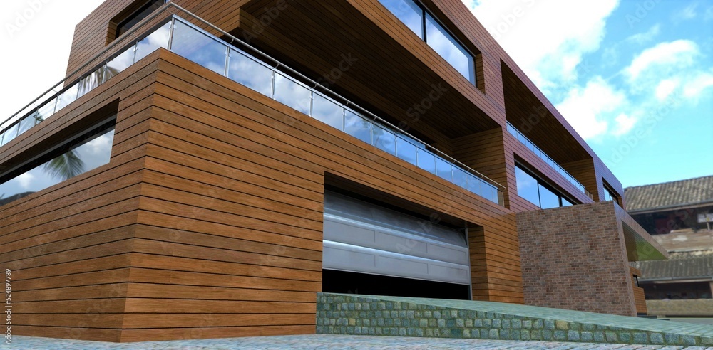 Fototapeta premium Bottom view of a wooden suburban house. Entrance to garage. Paved driveway. Metal automatic lifting gate. Porch finishing is old red brick. 3d render.