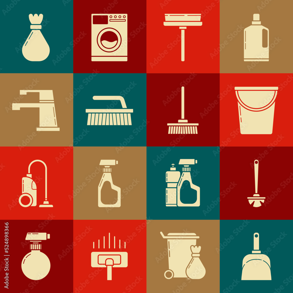 Set Dustpan, Toilet brush, Bucket, Squeegee, scraper, wiper, Brush for cleaning, Water tap, Garbage bag and Mop icon. Vector Set Dustpan, Toilet brush, Bucket, Squeegee, scraper, wiper, Brush for cleaning, Water tap, Garbage bag and Mop icon. Vector